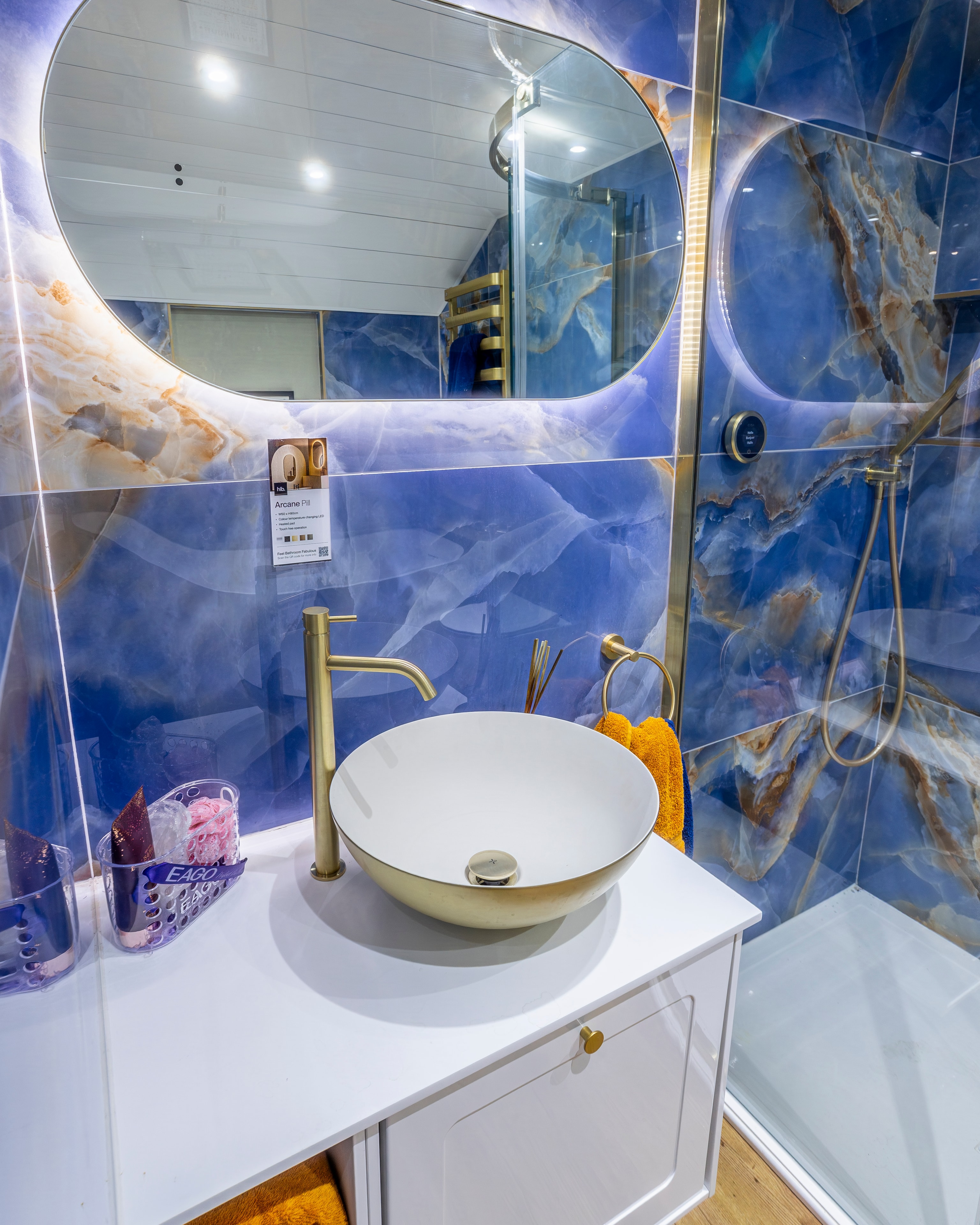 Blue onyx gold basin wide mirror