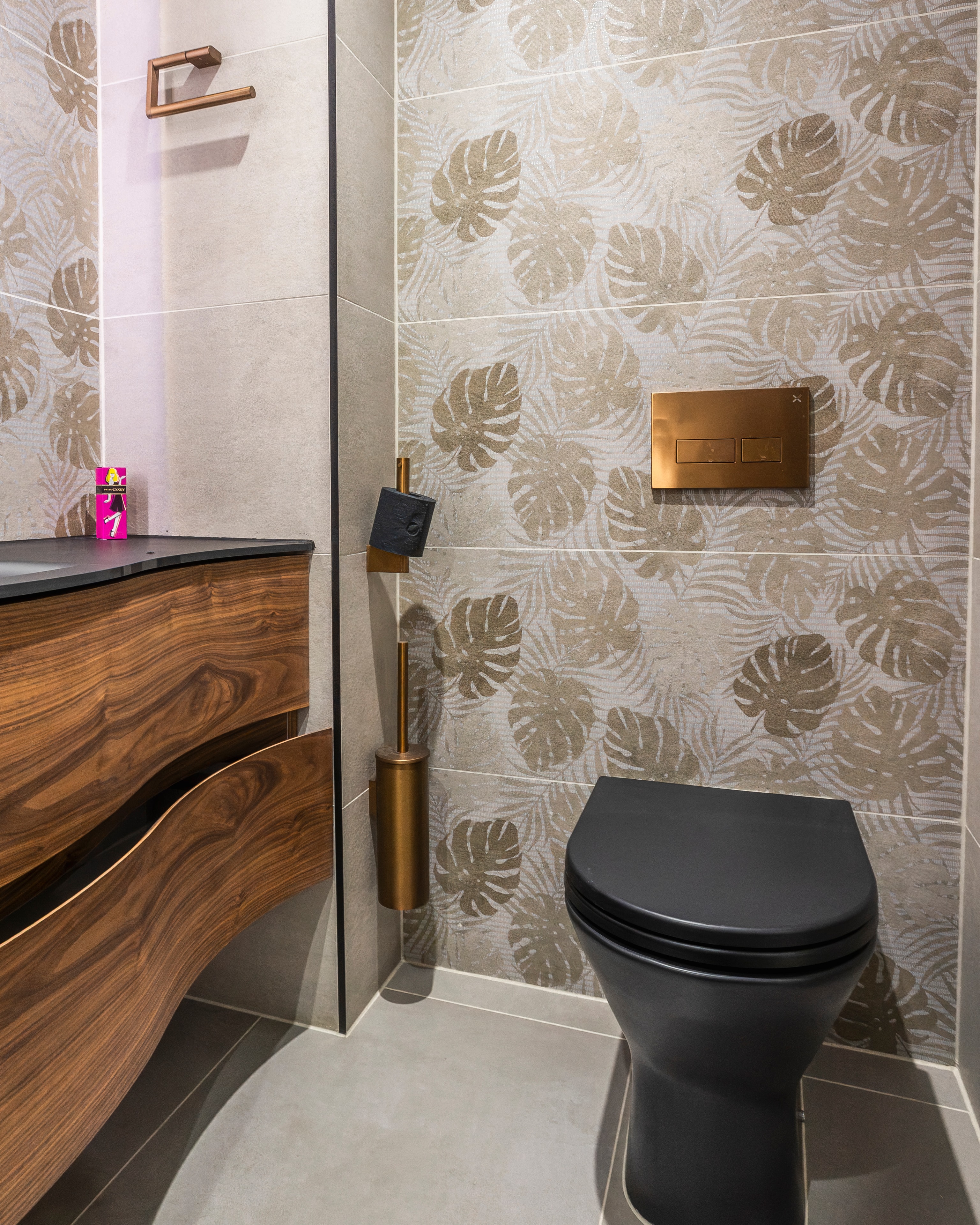 Walnut vanity black toilet